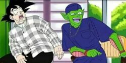Rule 34 | 1990s (style), 2boys, amused, artist request, bad link, black hair, colored skin, crossover, dragon ball, dragonball z, friday (movie), green skin, highres, multiple boys, piccolo, pointy ears, retro artstyle, scene reference, son goku, surprised, teeth, wide-eyed
