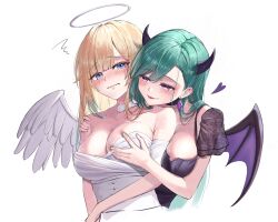 Rule 34 | 2girls, :p, aizawa ema, angel, angel and devil, angel wings, arm between breasts, bare shoulders, between breasts, black choker, blonde hair, blue eyes, blue hair, blunt bangs, blush, breast press, breasts, choker, demon, demon girl, demon horns, demon tail, demon wings, dress, ear piercing, earrings, feathered wings, grabbing, grabbing another&#039;s breast, grabbing from behind, gradient hair, green hair, hair behind ear, hair flaps, halo, hand on another&#039;s shoulder, heart, highres, horns, hqppy0120, jewelry, large breasts, long hair, mole, mole on breast, multicolored hair, multiple girls, nose blush, off-shoulder dress, off shoulder, piercing, purple eyes, simple background, swept bangs, tail, tongue, tongue out, traditional halo, very long hair, virtual youtuber, vspo!, wavy mouth, white background, white choker, white dress, white wings, wings, yakumo beni