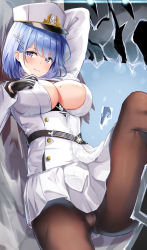 Rule 34 | 1girl, arm up, azur lane, belt, black gloves, blue eyes, blue hair, blush, breasts, brown pantyhose, buttons, chapayev (azur lane), cleavage, cleavage cutout, closed mouth, clothing cutout, eric (tianqijiang), gloves, hand on own chest, highres, jacket, large breasts, long sleeves, looking at viewer, mole, mole on breast, panties, panties under pantyhose, pantyhose, short hair, skirt, smile, solo, swept bangs, thighs, underwear, white headwear, white jacket, white panties, white skirt