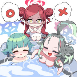 Rule 34 | 3girls, :3, alternate costume, alternate hairstyle, antenna hair, bangs pinned back, bare shoulders, bathing, blue archive, blush, breast conscious, breasts, chibi, commentary request, double bun, fang, forehead, green hair, hair bun, halo, in water, large breasts, long hair, looking at another, meru (blue archive), momiji (blue archive), multiple girls, naked towel, nose blush, o (rakkasei), onsen, parted bangs, parted lips, partially submerged, red hair, seiza, shaded face, sidelocks, simple background, single side bun, sitting, sleeveless, spoken o, spoken x, steam, takane (blue archive), thought bubble, towel, white towel, yellow eyes