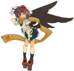 Rule 34 | 1girl, ;3, arm up, beige scarf, black ribbon, black skirt, black socks, black wings, bright pupils, brown hair, camera, clenched hand, closed mouth, eyebrows, floating scarf, frills, fringe trim, from side, full body, geta, hair ornament, hairclip, hat, holding, holding camera, jaggy lines, knees apart feet together, large wings, leaf print, leaning forward, long scarf, looking at viewer, looking to the side, low wings, maple leaf print, miniskirt, neck ribbon, one eye closed, petticoat, pigeon-toed, platform footwear, pleated skirt, pom pom (clothes), print scarf, puffy short sleeves, puffy sleeves, red eyes, red footwear, red hat, ribbon, ribbon-trimmed clothes, ribbon-trimmed shirt, ribbon trim, scarf, shameimaru aya, shirt, shoelaces, shoes, short hair, short sleeves, simple background, skirt, skirt tug, smile, socks, solo, standing, string, tengu-geta, tokin hat, touhou, white background, white shirt, wings, wrist cuffs, yuji (masterpiece)