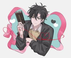Rule 34 | 1boy, black hair, black jacket, brown eyes, candy, cheng xiaoshi, chocolate, chocolate bar, closed mouth, food, heart, holding, holding chocolate, holding food, jacket, long sleeves, looking at viewer, male focus, mr yheu, pink ribbon, ribbon, shiguang dailiren, shirt, short hair, simple background, smile, solo, string, string of fate, sweater vest, white background, white shirt