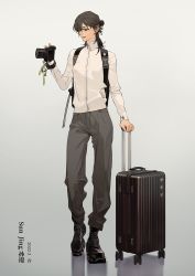 Rule 34 | 1girl, alternate costume, backpack, bag, black hair, boots, brown eyes, camera, character name, chinese text, english text, highres, holding, holding camera, holding suitcase, luggage, medium hair, pants, rolling suitcase, solo, suitcase, sun jing, sq (series), tanjiu