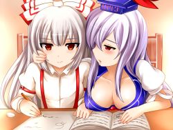 Rule 34 | 2girls, annoyed, blush, body blush, bow, breast rest, breasts, cleavage, collarbone, covered erect nipples, downblouse, female focus, fujiwara no mokou, hair bow, hat, highres, kamishirasawa keine, large breasts, long hair, multiple girls, no bra, orange eyes, parted lips, pencil, red eyes, shiny skin, silver hair, suspenders, touhou, writing, yoshimo