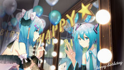 Rule 34 | 1girl, :3, absurdres, aqua eyes, aqua necktie, balloon, bare shoulders, blue hair, bow, breasts, character doll, choker, collared shirt, commentary request, detached sleeves, different reflection, frills, from side, hair bow, hair ornament, hairclip, happy birthday, hatsune miku, highres, index finger raised, indoors, long hair, long sleeves, looking at viewer, looking to the side, mirror, necktie, pink bow, profile, reflection, see-through, shirt, short hair, small breasts, star (symbol), twintails, v-shaped eyebrows, very long hair, vocaloid, white choker, white shirt, wrist cuffs, zuiai gongzhu dianxia