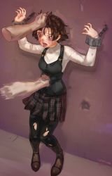 Rule 34 | 1girl, absurdres, blood, boots, braid, brown hair, bruise, commission, commissioner upload, crown braid, cuffs, disembodied limb, halterneck, highres, injury, lumpychan, niijima makoto, open mouth, pantyhose, persona, persona 5, plaid, pleated skirt, punching, red eyes, ryona, school uniform, shackles, short hair, shuujin academy school uniform, skirt, stomach punch, tongue, tongue out, torn clothes, torn legwear