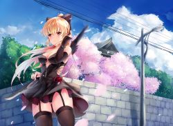 Rule 34 | 1girl, architecture, bad id, bad pixiv id, bare shoulders, black dress, black panties, black thighhighs, blonde hair, blue sky, blush, breasts, brick wall, bridal gauntlets, cherry blossoms, cleavage, closed mouth, cloud, cloudy sky, collarbone, cowboy shot, cross-laced clothes, day, dress, east asian architecture, fingernails, floating hair, flower, frown, garter straps, hair ribbon, tucking hair, highres, house, jewelry, lamppost, legs apart, long hair, medium breasts, o-ring, original, outdoors, panties, pantyshot, ponytail, red eyes, red flower, red rose, ribbon, ring, rose, short dress, sidelocks, skindentation, sky, solo, standing, strapless, strapless dress, sword, sword behind back, thighhighs, underboob, underwear, unsheathed, upskirt, weapon, weapon on back, wind, zomzomzomsauce