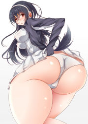 Rule 34 | 10s, 1girl, ass, bird tail, black hair, blush, breasts, cameltoe, clothes lift, covered erect nipples, embarrassed, from behind, gentoo penguin (kemono friends), headphones, highres, huge ass, jacket, kemono friends, large breasts, long hair, looking at viewer, looking back, multicolored hair, open mouth, orange hair, panties, parted lips, pleated skirt, plump, red eyes, shiny skin, skirt, skirt hold, skirt lift, solo, sweatdrop, tail, thick thighs, thighs, underwear, upskirt, very long hair, yeneisha