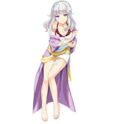 Rule 34 | 1girl, barefoot, blunt bangs, breasts, cle masahiro, cleavage, feet, full body, long hair, looking at viewer, messy, official art, purple eyes, silver hair, simple background, solo, toenails, toes, tomoe yuuka, valkyrie drive, valkyrie drive -siren-, white background
