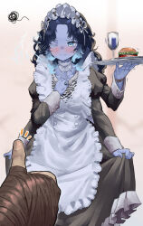 Rule 34 | &gt; &lt;, 1boy, 1girl, alternate costume, blue eyes, blue hair, blue skin, blush, burger, colored skin, doll joints, ekrea jan, elden ring, enmaided, extra arms, extra faces, food, gradient hair, highres, joints, long hair, maid, maid headdress, multicolored hair, one eye closed, ranni the witch, skirt hold, thumbs up, tray, two-tone hair