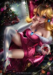 Rule 34 | 1girl, alcohol, artist name, axsen, bare shoulders, blonde hair, blue eyes, blue gemstone, breasts, brooch, christmas tree, cleavage, closed mouth, collarbone, crown, cup, dress, drinking glass, earrings, eyeshadow, fingernails, fur-trimmed dress, fur trim, gem, glint, hand on own cheek, hand on own face, heart, high heels, highres, holding, holding cup, indoors, jewelry, lace, lace-trimmed legwear, lace trim, long fingernails, long sleeves, looking at viewer, makeup, mario (series), medium breasts, necklace, nintendo, off-shoulder dress, off shoulder, pink dress, pink footwear, pink lips, princess, princess peach, short dress, sitting, smile, solo, thighhighs, throne, upskirt, watermark, web address, white thighhighs, wine, wine glass