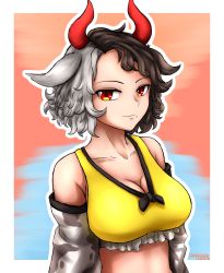 1girl, absurdres, animal ears, animal print, bangs, breasts, cleavage, commentary, cow ears, cow girl, cow horns, cow print, detached sleeves, english commentary, highres, horns, large breasts, looking at viewer, mole, mole under mouth, multicolored hair, red eyes, red horns, renzibun, smile, solo, sports bra, tank top, touhou, two-tone hair, ushizaki urumi, yellow tank top