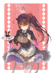 Rule 34 | 1girl, ;), alice (pandora hearts), apron, black shirt, black skirt, brown hair, character request, closed mouth, dress shirt, floating hair, fork, frilled apron, frilled skirt, frills, hair ornament, holding, holding fork, holding plate, kistina, leaning forward, long hair, looking at viewer, maid, medium skirt, one eye closed, pandora hearts, plate, purple eyes, red background, shirt, side ponytail, skirt, smile, solo, standing, thighhighs, very long hair, waist apron, white apron, white background, white thighhighs