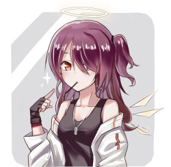 Rule 34 | 1girl, alternate hair length, alternate hairstyle, arknights, bare shoulders, black gloves, black tank top, blush, breasts, brown eyes, chinese commentary, collarbone, commentary request, exusiai (arknights), fingerless gloves, food, food in mouth, gloves, grey background, hair over one eye, halo, hand up, jacket, jewelry, long hair, long sleeves, looking at viewer, mouth hold, off shoulder, open clothes, open jacket, partial commentary, pendant, pocky, pointing, pointing at self, purple hair, small breasts, solo, tank top, upper body, white jacket, yun (yunmiao)