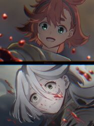 Rule 34 | 2girls, blood, blood on clothes, blood on face, blood on hands, color banding, commentary, english commentary, green eyes, grey eyes, gundam, gundam suisei no majo, highres, long hair, miorine rembran, multiple girls, reaching towards another, red hair, short hair, smile, spoilers, suletta mercury, surprised, white hair, wide-eyed, xin (blueramen)