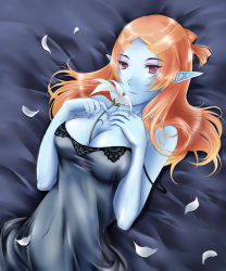 Rule 34 | 1girl, blue skin, breasts, cleavage, colored skin, elf, eyeshadow, flower, large breasts, long hair, makeup, microspace, midna, midna (true), nail polish, nightgown, nintendo, orange hair, pointy ears, purple nails, red eyes, smile, solo, spoilers, the legend of zelda, the legend of zelda: twilight princess