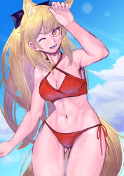 Rule 34 | 1girl, ;d, absurdres, animal ears, arknights, arm up, bare arms, bare shoulders, bikini, black bow, blemishine (arknights), blonde hair, blue sky, bow, breasts, cleavage, cloud, commentary request, cowboy shot, criss-cross halter, day, gluteal fold, hair bow, halterneck, highres, horse ears, long hair, looking at viewer, medium breasts, navel, one eye closed, open mouth, partial commentary, red bikini, sakura masuo, sky, smile, solo, standing, stomach, swimsuit, thighs, very long hair, yellow eyes