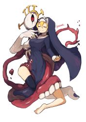 Rule 34 | 1girl, artist name, barefoot, black thighhighs, blonde hair, breasts, closed mouth, cross, cross necklace, double (skullgirls), eldritch abomination, extra eyes, closed eyes, full body, habit, hair between eyes, highres, jewelry, lansane, large breasts, long sleeves, monster, necklace, nun, red eyes, signature, skullgirls, smile, solo, thighhighs, white background