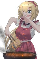 Rule 34 | 1girl, absurdres, akai haato, akai haato (casual), blonde hair, bow, cooking, eyebrows hidden by hair, grill, grilling, haaton (akai haato), hair ornament, hairclip, highres, hololive, long hair, looking down, mechjunk, one eye closed, open hand, open mouth, ponytail, red bow, solo, tongs, virtual youtuber, white background