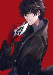 Rule 34 | 1boy, amamiya ren, artist name, black hair, black jacket, buttons, eye mask, gloves, grey eyes, grey shirt, hair between eyes, high collar, highres, holding, holding mask, jacket, long sleeves, looking at viewer, male focus, mask, ningyo, persona, persona 5, red background, red gloves, shirt, short hair, smile, solo, upper body