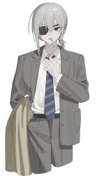 Rule 34 | 1girl, blue necktie, cigarette, collared shirt, cropped legs, eyepatch, formal, frost fog, grey hair, grey jacket, grey pants, hair between eyes, highres, jacket, long sleeves, looking at viewer, mouth hold, necktie, open clothes, open jacket, original, pants, ponytail, shirt, short ponytail, simple background, solo, striped necktie, white background