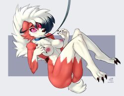 Rule 34 | 1girl, :3, animal ears, animal feet, animal nose, barefoot, black hair, blush, body fur, breasts, claws, cleft of venus, closed mouth, collar, colored sclera, completely nude, creatures (company), dog ears, dog girl, dog tail, feet, female focus, full body, furry, furry female, game freak, gen 7 pokemon, hair between eyes, hands up, knees together feet apart, leash, legs, legs up, long hair, looking up, lycanroc, lycanroc (midnight), lying, medium breasts, multicolored hair, neck fur, nintendo, nipples, nude, on back, personification, pet play, pokemon, pokemon (creature), pussy, raised eyebrows, red eyes, red fur, red sclera, shy, simple background, snout, solo, soupbag, sweat, tail, thighs, toes, two-tone background, two-tone fur, two-tone hair, uncensored, white fur, white hair