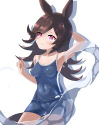 Rule 34 | 1girl, absurdres, animal ears, arm behind head, arm up, black hair, blue one-piece swimsuit, breasts, closed mouth, covered navel, cowboy shot, hair over one eye, hatoya (user addr8334), highres, horse ears, horse girl, horse tail, long hair, looking at viewer, one-piece swimsuit, pink eyes, rice shower (umamusume), school swimsuit, shadow, single vertical stripe, small breasts, smile, solo, standing, swimsuit, tail, tracen swimsuit, umamusume, water, wet, white background