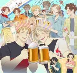 Rule 34 | 6+boys, ahoge, alcohol, america (hetalia), apron, axis powers hetalia, beer, beer mug, birthday, black hair, blank eyes, blonde hair, blue background, brothers, brown eyes, brown hair, camera, china (hetalia), closed eyes, confetti ball, crossed arms, cup, food, france (hetalia), german flag print, german text, germany (hetalia), gilbird, glasses, grin, hair down, highres, holding, holding party popper, huacai, inset, japan (hetalia), jitome, llama, long hair, looking at food, looking for glasses, male focus, mug, multiple boys, northern italy (hetalia), one eye closed, open mouth, paper crown, party, party popper, pizza, plaid, plaid apron, ponytail, prussia (hetalia), russia (hetalia), scarf, shirt, short hair, siblings, smile, southern italy (hetalia), spain (hetalia), streamers, striped clothes, striped shirt, taking picture, thick eyebrows, united kingdom (hetalia), v, video camera, wine, yellow apron