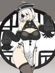 Rule 34 | 1girl, alternate breast size, bare shoulders, black blindfold, blindfold, breasts, cleavage, clothing cutout, covered eyes, detached sleeves, dress, hairband, hat, highres, houtengeki, jiangshi, large breasts, long sleeves, nier:automata, nier (series), pelvic curtain, qingdai guanmao, short hair, sleeves past fingers, sleeves past wrists, solo, thighs, white hair, 2b (nier:automata)
