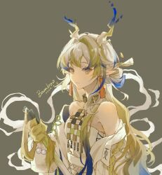 Rule 34 | 1girl, arknights, bare shoulders, blonde hair, blue eyes, chinese commentary, closed mouth, commentary request, dated, dragon girl, dragon horns, earrings, expressionless, grey background, grey eyes, grey hair, hair intakes, highres, horns, jacket, jewelry, long hair, looking at viewer, necklace, off shoulder, open clothes, open jacket, pointy ears, shu (arknights), signature, simple background, sketch, solo, strapless, tube top, upper body, white jacket, white tube top, zhutongfan