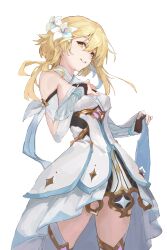 Rule 34 | 1girl, blonde hair, breasts, bridal gauntlets, cowboy shot, dress, flower, genshin impact, hair between eyes, hair flower, hair ornament, highres, looking at viewer, lumine (genshin impact), medium hair, parted lips, scarf, simple background, small breasts, smile, solo, thighhighs, white background, white dress, white flower, white scarf, white thighhighs, wulegexue, yellow eyes