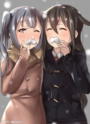 Rule 34 | 2girls, bad id, bad pixiv id, black coat, blurry, blush, brown coat, brown hair, buttons, closed eyes, coat, commentary request, crossed bangs, depth of field, double-breasted, duffel coat, fake facial hair, fake mustache, fur collar, grey background, grey hair, hair between eyes, hand up, hatsushimo (kancolle), holding, juurouta, kantai collection, kasumi (kancolle), long hair, long sleeves, looking at viewer, multiple girls, one eye closed, outdoors, pocket, raised eyebrows, snowing, upper body, winter, winter clothes, winter coat