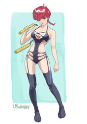Rule 34 | 1girl, amatiz, black thighhighs, blue eyes, braid, braided ponytail, breasts, cleavage, closed mouth, full body, garter straps, genderswap, genderswap (mtf), highres, holding, holding nunchaku, holding weapon, large breasts, looking at viewer, nunchaku, ranma-chan, ranma 1/2, red hair, saotome ranma, single braid, smile, solo, standing, thighhighs, weapon