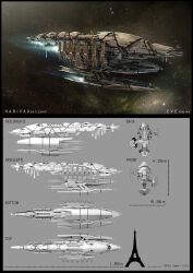Rule 34 | 3d, amarr empire (eve online), battleship (eve online), blueprint (medium), commentary, concept art, copyright name, eiffel tower, english text, eve online, flying, framed, glowing, highres, machinery, maya (medium), meganerid, military, military vehicle, multiple views, nebula, no humans, original, outdoors, photoshop (medium), realistic, science fiction, size comparison, sky, space, spacecraft, star (sky), starry sky, thrusters, tower, vehicle focus