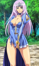 Rule 34 | 10s, 1girl, absurdres, annelotte, blue dress, blue eyes, breasts, dress, female focus, highres, large breasts, long hair, nature, outdoors, plant, queen&#039;s blade, queen&#039;s blade rebellion, screencap, solo, standing, sword, torn clothes, weapon