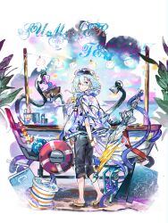 Rule 34 | 1boy, absurdres, arknights, arms behind back, black shorts, blue headwear, boat, bracelet, closed mouth, cup, disposable cup, highres, holding, holding umbrella, jacket, jewelry, looking at viewer, male focus, menu board, mizuki (arknights), mizuki (summer feast) (arknights), purple eyes, sandals, see-through, see-through jacket, shorts, smile, solo, tentacles, umbrella, watercraft, wed (lim38869577)