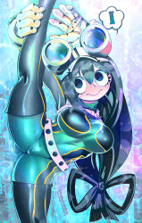 Rule 34 | 1girl, asui tsuyu, belt, black eyes, black hair, bodysuit, boku no hero academia, boots, breasts, closed mouth, female focus, frog girl, gloves, gluteal fold, goggles, goggles on head, hakkasame, highres, long hair, solo, spread legs, standing, standing on one leg, thigh boots, thighhighs