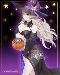 1girl bare_shoulders basket belt black_dress black_hat breasts brown_belt candy cleavage corrin_(female)_(fire_emblem) corrin_(female)_(halloween)_(fire_emblem) corrin_(fire_emblem) cowboy_shot dress fire_emblem fire_emblem_fates fire_emblem_heroes food grey_hair halloween halloween_costume halterneck hat highres holding holding_basket juliet_sleeves kaos_art large_breasts long_hair long_sleeves looking_at_viewer nintendo off-shoulder_dress off_shoulder official_alternate_costume pink_eyes puffy_sleeves smile solo standing thighs very_long_hair witch witch_hat