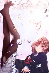 Rule 34 | 1girl, absurdres, black pantyhose, brown hair, bubble, commentary request, hair ornament, hairclip, hanahashi bagara, highres, higuchi madoka, idolmaster, idolmaster shiny colors, legs up, long sleeves, looking at viewer, miniskirt, mole, mole under eye, no shoes, pantyhose, plaid, plaid skirt, pleated skirt, purple eyes, short hair, skirt, solo, sweater, white background