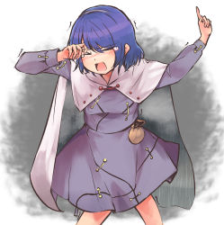 Rule 34 | 1girl, blue hair, blush, breasts, cape, cowboy shot, crying, dress, ginnkei, grey cape, grey dress, hairband, highres, one-hour drawing challenge, open mouth, pointing, pointing up, short hair, simple background, tenkyuu chimata, touhou, two-tone cape, unconnected marketeers, white cape