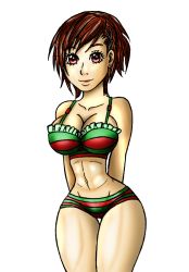 Rule 34 | 1girl, atlus, breasts, cleavage, curvy, dengeki matsuko, earrings, highres, jewelry, large breasts, lips, looking at viewer, midriff, navel, persona, persona 3, persona 3 portable, red eyes, red hair, shiomi kotone, short shorts, shorts, swimsuit, technician67, thigh gap, thighs