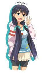 Rule 34 | 1girl, :d, alternate hairstyle, antenna hair, aqua bow, bad id, bad pixiv id, bike shorts, black hair, black shorts, blue eyes, bow, cardigan, collarbone, cowboy shot, cropped legs, dars (recolors), fang, ganaha hibiki, hair between eyes, hair bow, halftone, hand in pocket, heart, heart print, hood, hooded sweater, idolmaster, idolmaster (classic), long hair, looking at viewer, low twintails, miniskirt, musical note, musical note print, open cardigan, open clothes, open mouth, pink sweater, polka dot, polka dot bow, short shorts, shorts, shorts under skirt, simple background, skirt, smile, solo, sweater, twintails, very long hair, white background, yellow skirt