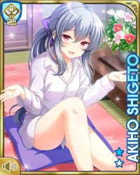 Rule 34 | 1girl, bare legs, barefoot, bow, breasts, card (medium), character name, collarbone, day, dress shirt, female focus, girlfriend (kari), grey hair, hair bow, indoors, long hair, long sleeves, official art, open mouth, purple bow, qp:flapper, shigeto akiho, shirt, sitting, smile, tagme, white shirt