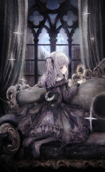 Rule 34 | 1girl, bare shoulders, black bow, black dress, black footwear, black pantyhose, bow, closed mouth, couch, crescent, curtains, dress, full moon, grey hair, highres, indoors, kneeling, lolita fashion, long hair, long sleeves, missile228, moon, night, off-shoulder dress, off shoulder, on couch, one side up, original, pantyhose, puffy long sleeves, puffy sleeves, red eyes, shoe soles, shoes, solo, window