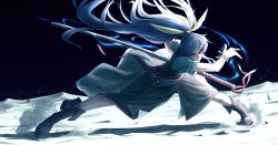 Rule 34 | 1girl, absurdres, belt, boots, breasts, brown footwear, cross-laced footwear, dress, dust cloud, fighting stance, floating hair, full body, green dress, hair ribbon, highres, huge filesize, katana, lace-up boots, legs apart, light trail, long hair, looking at viewer, moon, on moon, ponytail, purple hair, ribbon, royl, serious, sheath, sheathed, small breasts, solo, space, standing, sword, touhou, very long hair, watatsuki no yorihime, weapon, yellow ribbon