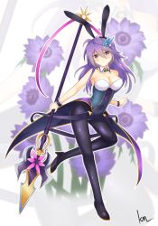 Rule 34 | 1girl, anemone (flower knight girl), animal ears, black pantyhose, blue eyes, blush, breasts, detached collar, easter, fake animal ears, flower, flower knight girl, full body, hair flower, hair ornament, hairclip, holding, holding polearm, holding spear, holding weapon, kimukimu, leotard, long hair, looking at viewer, name connection, object namesake, outline, pantyhose, playboy bunny, polearm, purple eyes, purple hair, rabbit ears, solo, spear, standing, standing on one leg, thighhighs, weapon