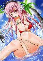 Rule 34 | 1girl, :o, absurdres, arm support, bikini, blush, breasts, cleavage, dutch angle, headphones, highres, jewelry, kuria (clear trip second), large breasts, long hair, looking at viewer, nitroplus, one eye closed, partially submerged, pendant, pink hair, red eyes, splashing, super sonico, swimsuit, wink