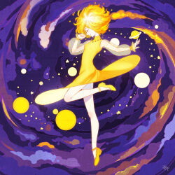 Rule 34 | 1girl, blonde hair, closed eyes, closed mouth, dancing, dress, fiery hair, from side, hand up, leg up, long sleeves, moon, nebula, original, personification, planet, saturn (planet), see-through, see-through sleeves, signature, smile, solar system, solo, space, star (sky), sun, tami yagi, yellow dress, yellow footwear