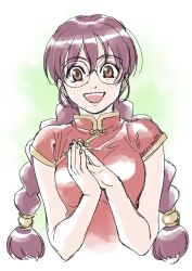 Rule 34 | 1girl, braid, breasts, brown eyes, china dress, chinese clothes, cropped torso, dress, faux traditional media, freckles, glasses, hair between eyes, happy, highres, kou (kounotori69), medium breasts, open mouth, own hands together, purple hair, red dress, ri kouran, round eyewear, sakura taisen, short sleeves, solo, twin braids, upper body, watercolor effect