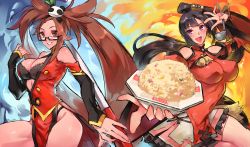 Rule 34 | 2girls, arc system works, bare shoulders, bespectacled, black-framed eyewear, black hair, blazblue, blush, bowl, breasts, brown eyes, brown hair, cleavage, commentary, commission, company connection, cosplay, costume switch, detached sleeves, dress, food, fried rice, glasses, guilty gear, hair ornament, hair rings, highleg, highres, impossible clothes, impossible dress, kenshin187, kuradoberi jam, kuradoberi jam (cosplay), ladle, lao jiu, large breasts, litchi faye ling, litchi faye ling (cosplay), miniskirt, multiple girls, purple eyes, red dress, semi-rimless eyewear, side slit, skirt, under-rim eyewear